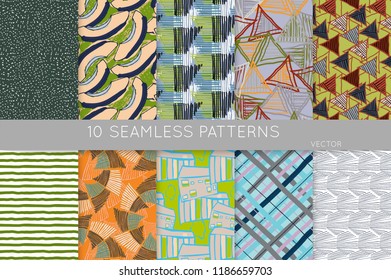 Collection of seamless patterns. Abstract design elements in set. Doodles with crayon and grunge texture roughly hand drawn.