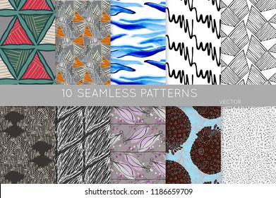 Collection of seamless patterns. Abstract design elements in set. Doodles with crayon and grunge texture roughly hand drawn.