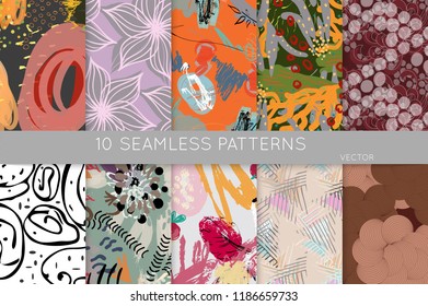 Collection of seamless patterns. Abstract design elements in set. Doodles with crayon and grunge texture roughly hand drawn.