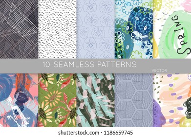 Collection of seamless patterns. Abstract design elements in set. Doodles with crayon and grunge texture roughly hand drawn.