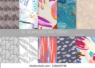 Collection of seamless patterns. Abstract design elements in set. Doodles with crayon and grunge texture roughly hand drawn.
