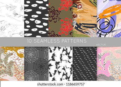 Collection of seamless patterns. Abstract design elements in set. Doodles with crayon and grunge texture roughly hand drawn.