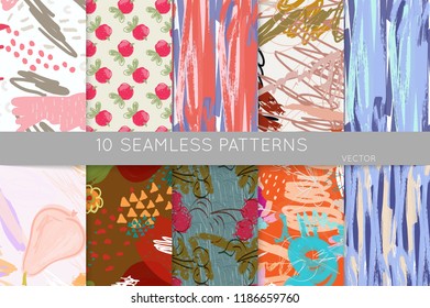Collection of seamless patterns. Abstract design elements in set. Doodles with crayon and grunge texture roughly hand drawn.