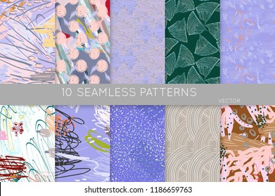 Collection of seamless patterns. Abstract design elements in set. Doodles with crayon and grunge texture roughly hand drawn.
