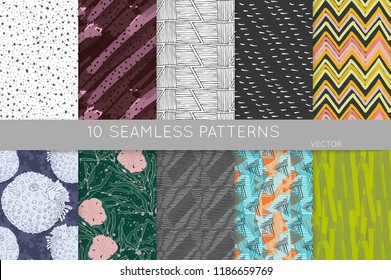 Collection of seamless patterns. Abstract design elements in set. Doodles with crayon and grunge texture roughly hand drawn.