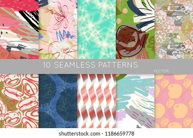 Collection of seamless patterns. Abstract design elements in set. Doodles with crayon and grunge texture roughly hand drawn.