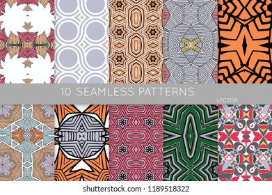 Collection of seamless patterns. Abstract design elements in set. Colored decorative repainting background with tribal and ethnic motifs 