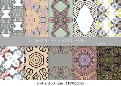 Collection of seamless patterns. Abstract design elements in set. Colored decorative repainting background with tribal and ethnic motifs 