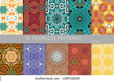 Collection of seamless patterns. Abstract design elements in set. Colored decorative repainting background with tribal and ethnic motifs 