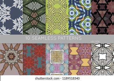 Collection of seamless patterns. Abstract design elements in set. Colored decorative repainting background with tribal and ethnic motifs 