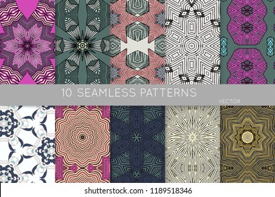 Collection of seamless patterns. Abstract design elements in set. Colored decorative repainting background with tribal and ethnic motifs 