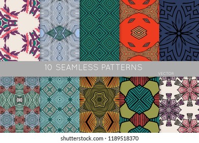 Collection of seamless patterns. Abstract design elements in set. Colored decorative repainting background with tribal and ethnic motifs 