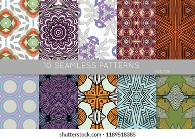 Collection of seamless patterns. Abstract design elements in set. Colored decorative repainting background with tribal and ethnic motifs 
