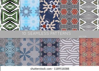 Collection of seamless patterns. Abstract design elements in set. Colored decorative repainting background with tribal and ethnic motifs 
