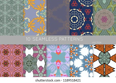 Collection of seamless patterns. Abstract design elements in set. Colored decorative repainting background with tribal and ethnic motifs 
