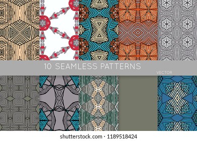Collection of seamless patterns. Abstract design elements in set. Colored decorative repainting background with tribal and ethnic motifs 
