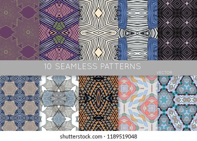 
Collection of seamless patterns. Abstract design elements in set. Colored decorative repainting background with tribal and ethnic motifs