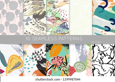 Collection of seamless patterns. Abstract design elements in set. Doodles with crayon and grunge texture roughly hand drawn.