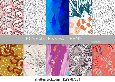 Collection of seamless patterns. Abstract design elements in set. Doodles with crayon and grunge texture roughly hand drawn.