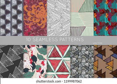 Collection of seamless patterns. Abstract design elements in set. Doodles with crayon and grunge texture roughly hand drawn.