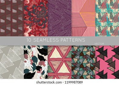 Collection of seamless patterns. Abstract design elements in set. Doodles with crayon and grunge texture roughly hand drawn.