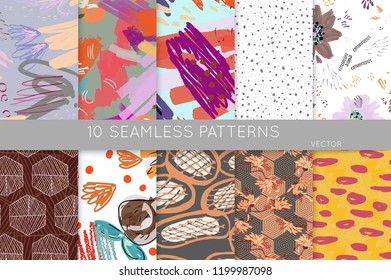 Collection of seamless patterns. Abstract design elements in set. Doodles with crayon and grunge texture roughly hand drawn.