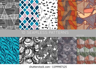 Collection of seamless patterns. Abstract design elements in set. Doodles with crayon and grunge texture roughly hand drawn.