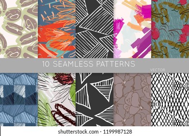 Collection of seamless patterns. Abstract design elements in set. Doodles with crayon and grunge texture roughly hand drawn.