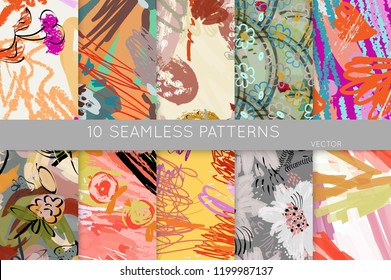 Collection of seamless patterns. Abstract design elements in set. Doodles with crayon and grunge texture roughly hand drawn.