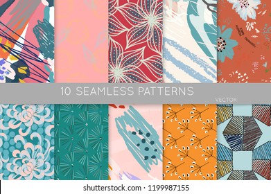 Collection of seamless patterns. Abstract design elements in set. Doodles with crayon and grunge texture roughly hand drawn.