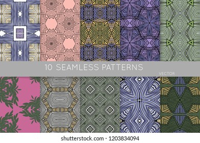 Collection of seamless patterns. Abstract design elements in set. Colored decorative repainting background with tribal and ethnic motifs 