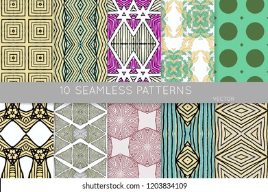 Collection of seamless patterns. Abstract design elements in set. Colored decorative repainting background with tribal and ethnic motifs 