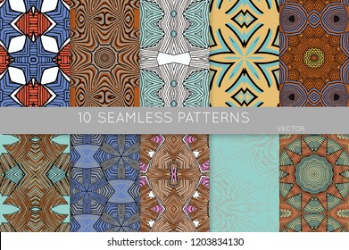 Collection of seamless patterns. Abstract design elements in set. Colored decorative repainting background with tribal and ethnic motifs 