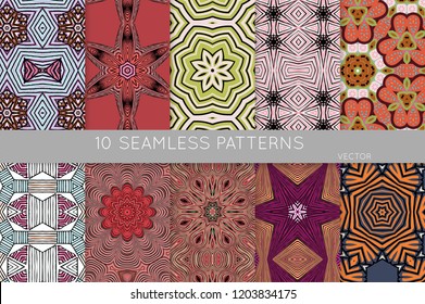 Collection of seamless patterns. Abstract design elements in set. Colored decorative repainting background with tribal and ethnic motifs 