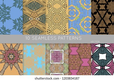 Collection of seamless patterns. Abstract design elements in set. Colored decorative repainting background with tribal and ethnic motifs 