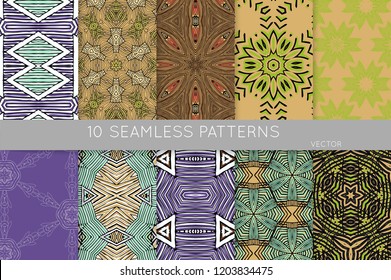 Collection of seamless patterns. Abstract design elements in set. Colored decorative repainting background with tribal and ethnic motifs
