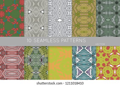 Collection of seamless patterns. Abstract design elements in set. Colored decorative repainting background with tribal and ethnic motifs 