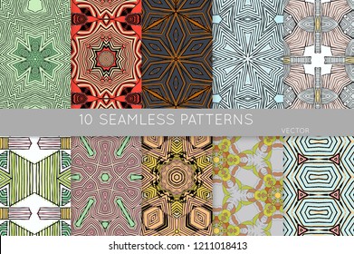 Collection of seamless patterns. Abstract design elements in set. Colored decorative repainting background with tribal and ethnic motifs 