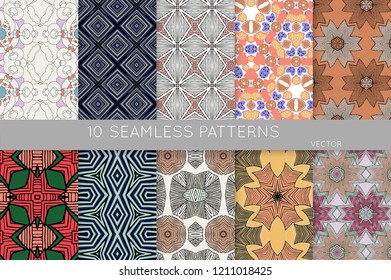 Collection of seamless patterns. Abstract design elements in set. Colored decorative repainting background with tribal and ethnic motifs 