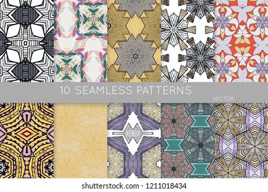 Collection of seamless patterns. Abstract design elements in set. Colored decorative repainting background with tribal and ethnic motifs 