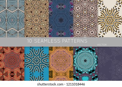 Collection of seamless patterns. Abstract design elements in set. Colored decorative repainting background with tribal and ethnic motifs 