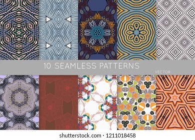 Collection of seamless patterns. Abstract design elements in set. Colored decorative repainting background with tribal and ethnic motifs 