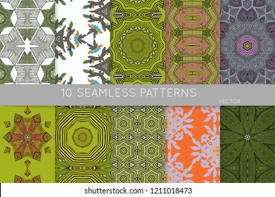 Collection of seamless patterns. Abstract design elements in set. Colored decorative repainting background with tribal and ethnic motifs 