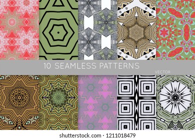 Collection of seamless patterns. Abstract design elements in set. Colored decorative repainting background with tribal and ethnic motifs 