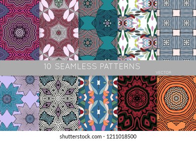 Collection of seamless patterns. Abstract design elements in set. Colored decorative repainting background with tribal and ethnic motifs 
