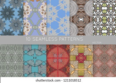 Collection of seamless patterns. Abstract design elements in set. Colored decorative repainting background with tribal and ethnic motifs 