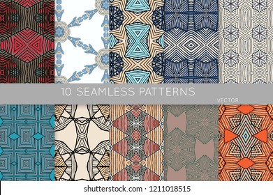 Collection of seamless patterns. Abstract design elements in set. Colored decorative repainting background with tribal and ethnic motifs 