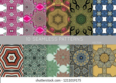 Collection of seamless patterns. Abstract design elements in set. Colored decorative repainting background with tribal and ethnic motifs
