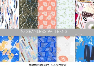 Collection of seamless patterns. Abstract design elements in set. Doodles with crayon and grunge texture roughly hand drawn.