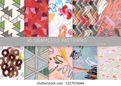 Collection of seamless patterns. Abstract design elements in set. Doodles with crayon and grunge texture roughly hand drawn.